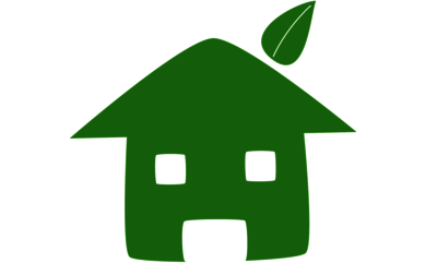 Grafik eines Hauses in grün mit Blatt als Schornstein