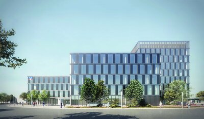 Die neue Verwaltungszentrale der Volksbank Mittlerer Neckar wird in nachhaltiger Bauweise errichtet und bietet später Platz für rund 300 Mitarbeitende.